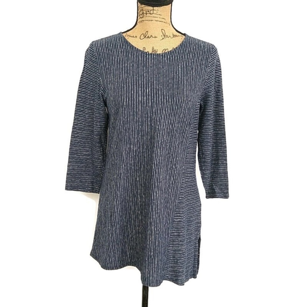 Pure Jill Tunic Top Women S Navy Blue Striped Hemp Cotton 3/4 Sleeve Side Slit